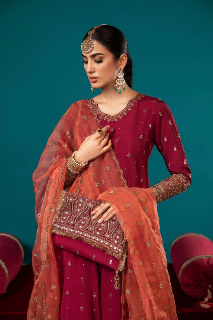 MARIA.B | 3 Piece Embroidered Long Paneled Maroon Frock | Ready To Wear - Image 2