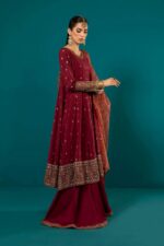 MARIA.B | 3 Piece Embroidered Long Paneled Maroon Frock | Ready To Wear - Image 3