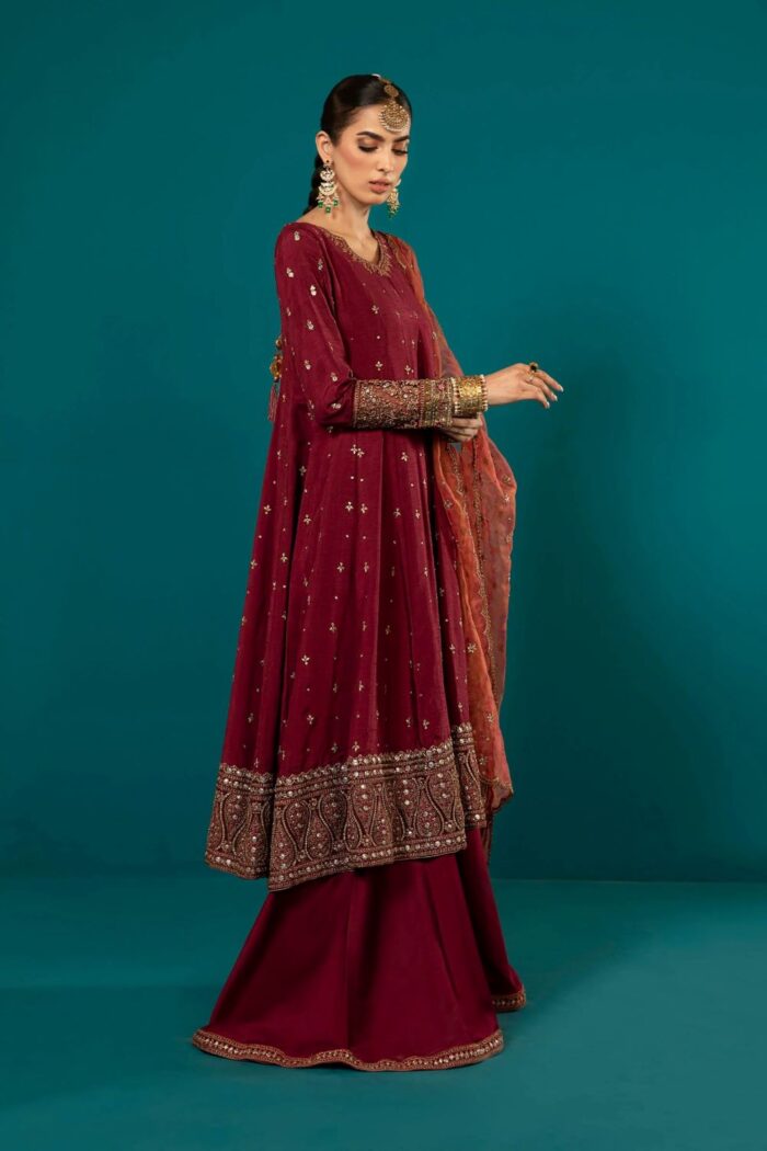 MARIA.B | 3 Piece Embroidered Long Paneled Maroon Frock | Ready To Wear - Image 3