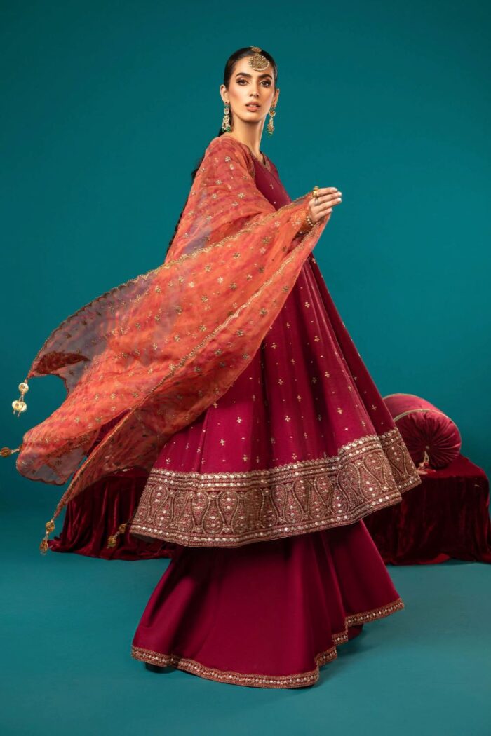 MARIA.B | 3 Piece Embroidered Long Paneled Maroon Frock | Ready To Wear - Image 4