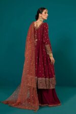 MARIA.B | 3 Piece Embroidered Long Paneled Maroon Frock | Ready To Wear - Image 5