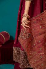 MARIA.B | 3 Piece Embroidered Long Paneled Maroon Frock | Ready To Wear - Image 7