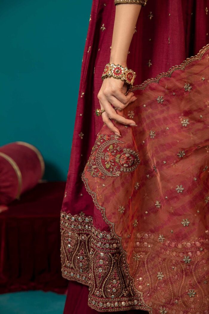 MARIA.B | 3 Piece Embroidered Long Paneled Maroon Frock | Ready To Wear - Image 7