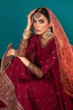 MARIA.B | 3 Piece Embroidered Long Paneled Maroon Frock | Ready To Wear - Image 8