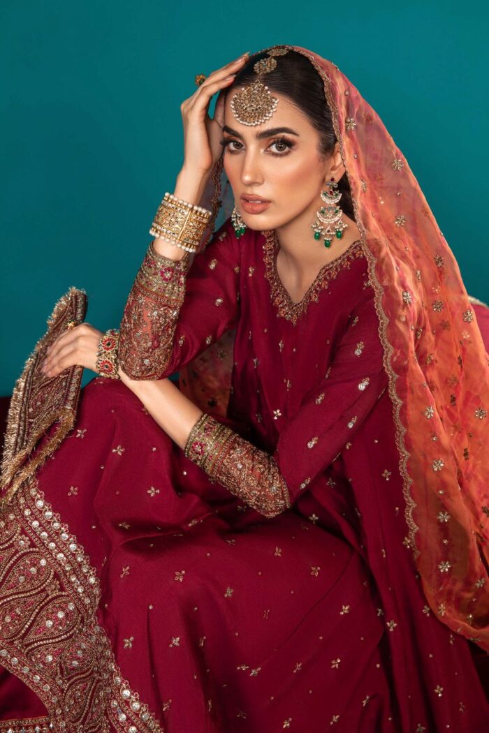 MARIA.B | 3 Piece Embroidered Long Paneled Maroon Frock | Ready To Wear - Image 8
