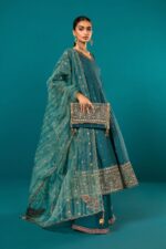 MARIA.B | 3 Piece Embroidered Long Paneled Teal Frock | Ready To Wear - Image 2