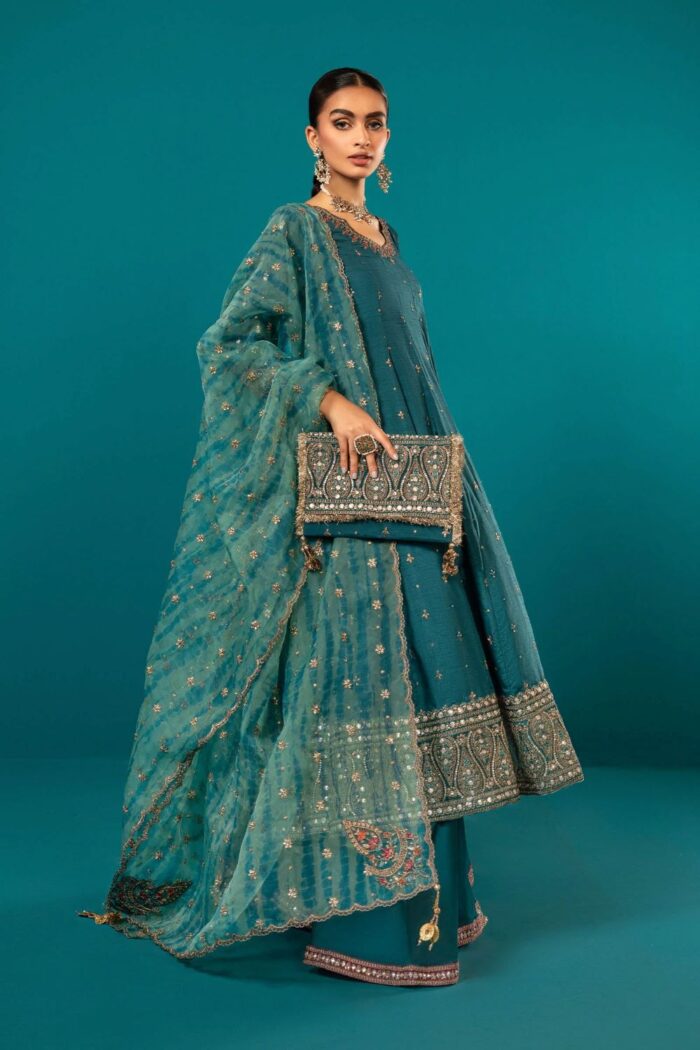 MARIA.B | 3 Piece Embroidered Long Paneled Teal Frock | Ready To Wear - Image 2