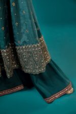 MARIA.B | 3 Piece Embroidered Long Paneled Teal Frock | Ready To Wear - Image 6