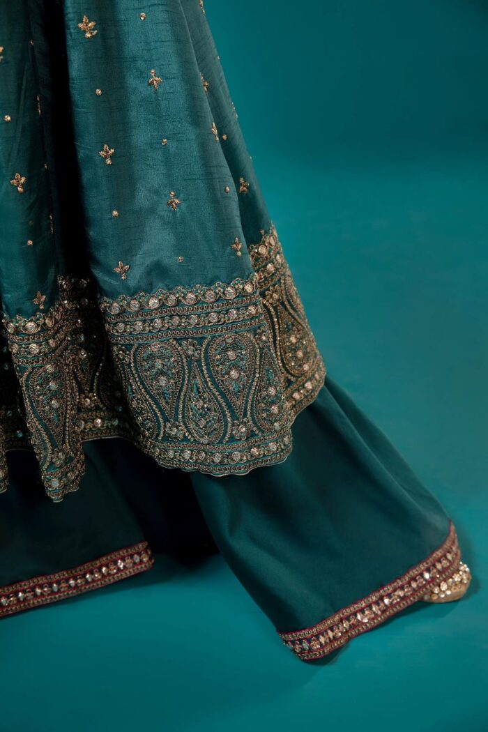 MARIA.B | 3 Piece Embroidered Long Paneled Teal Frock | Ready To Wear - Image 6