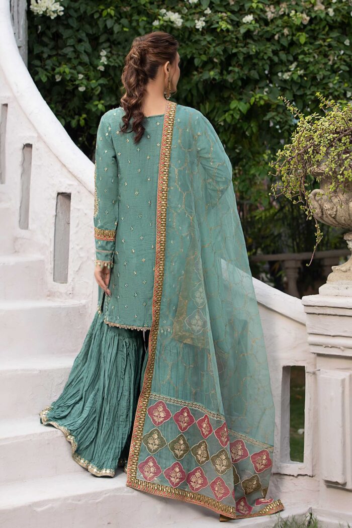 MARIA.B | 3 Piece Embroidered Raw Silk Suit | SF-EA23-18R1-Ferozi | Ready To Wear - Image 4