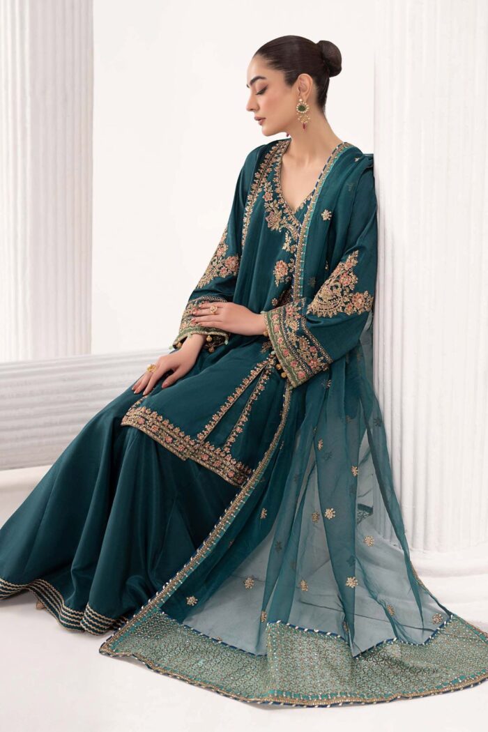 MARIA.B | 3 Piece Embroidered Raw Silk Suit | SF-EF26-07-Teal | Ready To Wear - Image 3