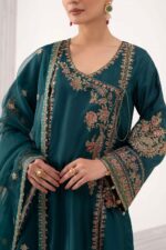 MARIA.B | 3 Piece Embroidered Raw Silk Suit | SF-EF26-07-Teal | Ready To Wear - Image 2