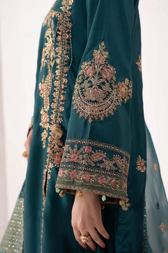 MARIA.B | 3 Piece Embroidered Raw Silk Suit | SF-EF26-07-Teal | Ready To Wear - Image 4