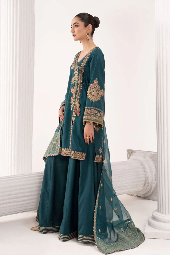 MARIA.B | 3 Piece Embroidered Raw Silk Suit | SF-EF26-07-Teal | Ready To Wear - Image 5