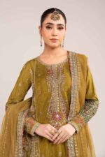 MARIA.B | 3 Piece Embroidered Raw Silk Suit | SF-W25-10-Olive Green | Ready To Wear - Image 3