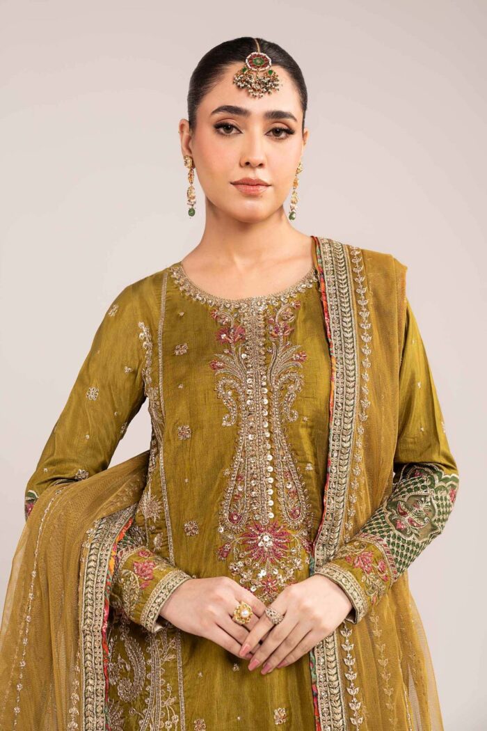 MARIA.B | 3 Piece Embroidered Raw Silk Suit | SF-W25-10-Olive Green | Ready To Wear - Image 3