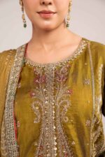 MARIA.B | 3 Piece Embroidered Raw Silk Suit | SF-W25-10-Olive Green | Ready To Wear - Image 4