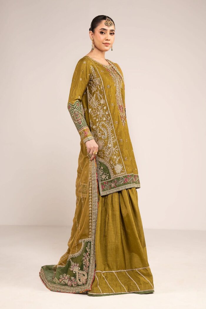 MARIA.B | 3 Piece Embroidered Raw Silk Suit | SF-W25-10-Olive Green | Ready To Wear - Image 5