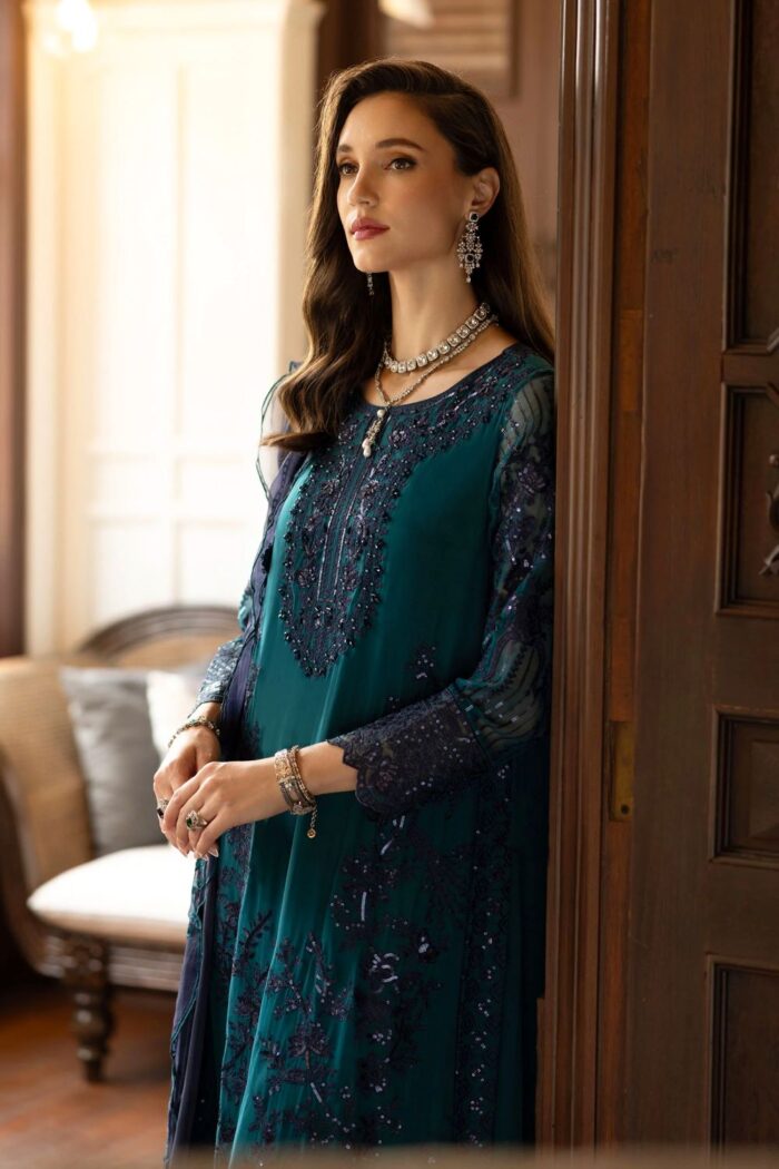 MARIA.B | 3 Piece Embroidered Chiffon Suit | SF-EF26-14-Teal | Ready To Wear - Image 4