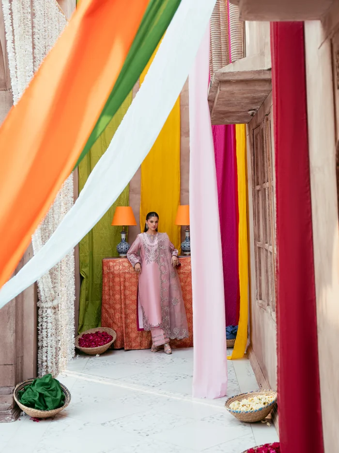 Ally's Official | 3 Piece Spangle Embroidered Silk Suit with Organza Dupatta & Palazzo | SORAYA VX-149 | Ready To Wear - Image 5