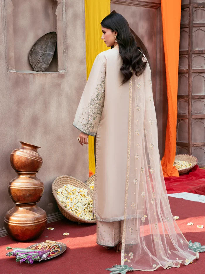 Ally's Official | 3 Piece Sequin Embroidered Silk Suit with Net Dupatta & Palazzo | SUNEHRI VX-147 | Ready To Wear - Image 4