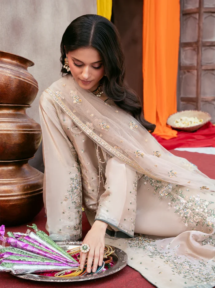 Ally's Official | 3 Piece Sequin Embroidered Silk Suit with Net Dupatta & Palazzo | SUNEHRI VX-147 | Ready To Wear - Image 9