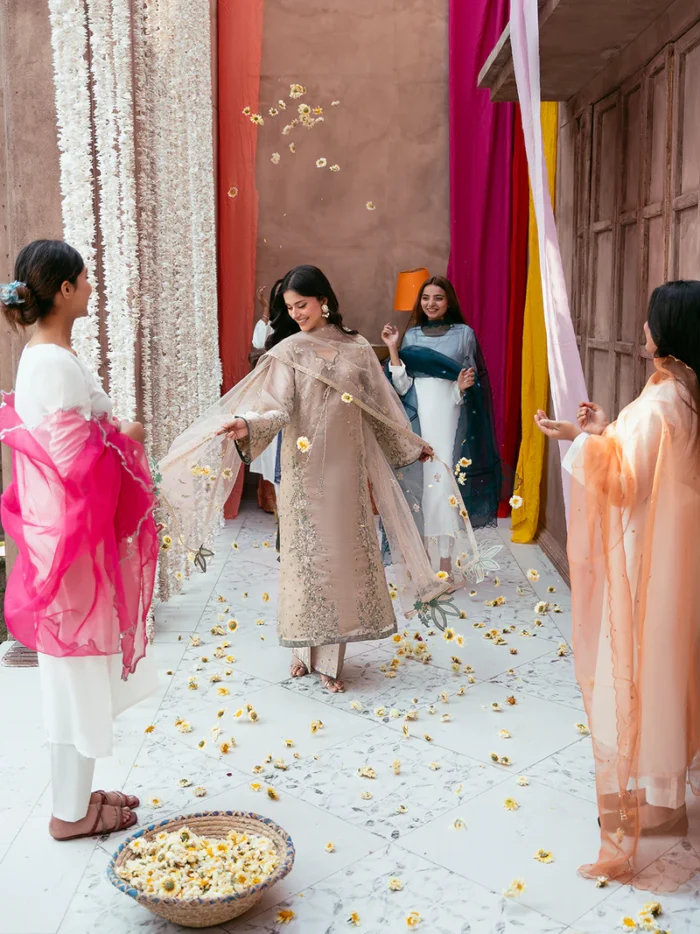 Ally's Official | 3 Piece Sequin Embroidered Silk Suit with Net Dupatta & Palazzo | SUNEHRI VX-147 | Ready To Wear - Image 5