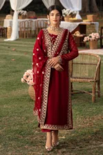 Vanya | 3 Piece Deep Maroon Embroidered Raw Silk Dress - MF-08R | Ready To Wear - Image 3