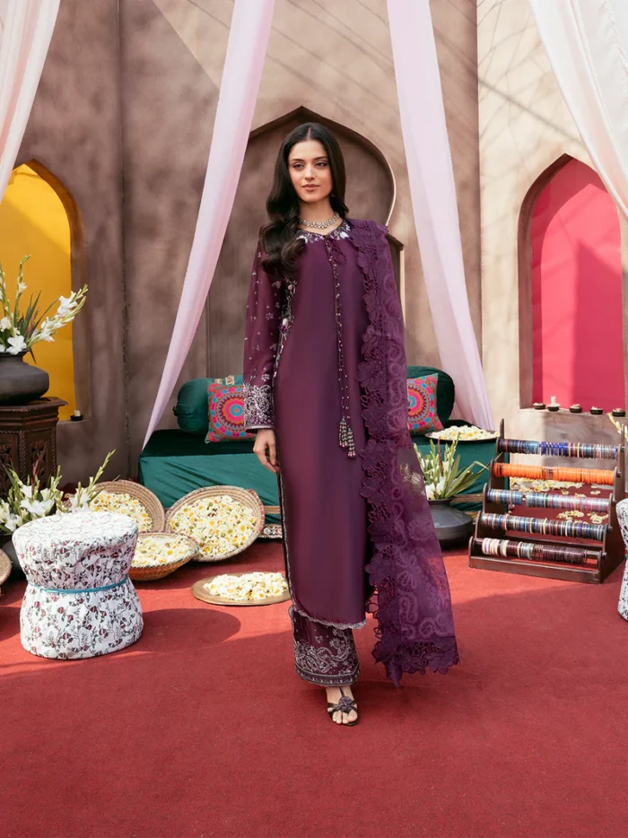 Ally's Official | 3 Piece Embroidered Silk Suit with Embossed Organza Dupatta & Palazzo | VIRSA VX-151 | Ready To Wear - Image 3