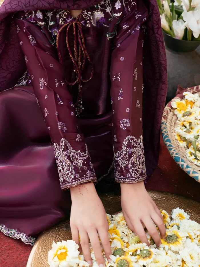 Ally's Official | 3 Piece Embroidered Silk Suit with Embossed Organza Dupatta & Palazzo | VIRSA VX-151 | Ready To Wear - Image 7