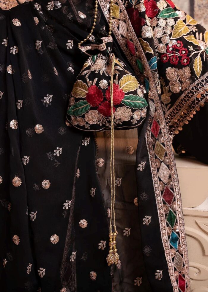 Haseens Official | Mehnaaz 4 Piece Black Chiffon Long Kurta Set with Dupatta & Potli | Ready To Wear - Image 10