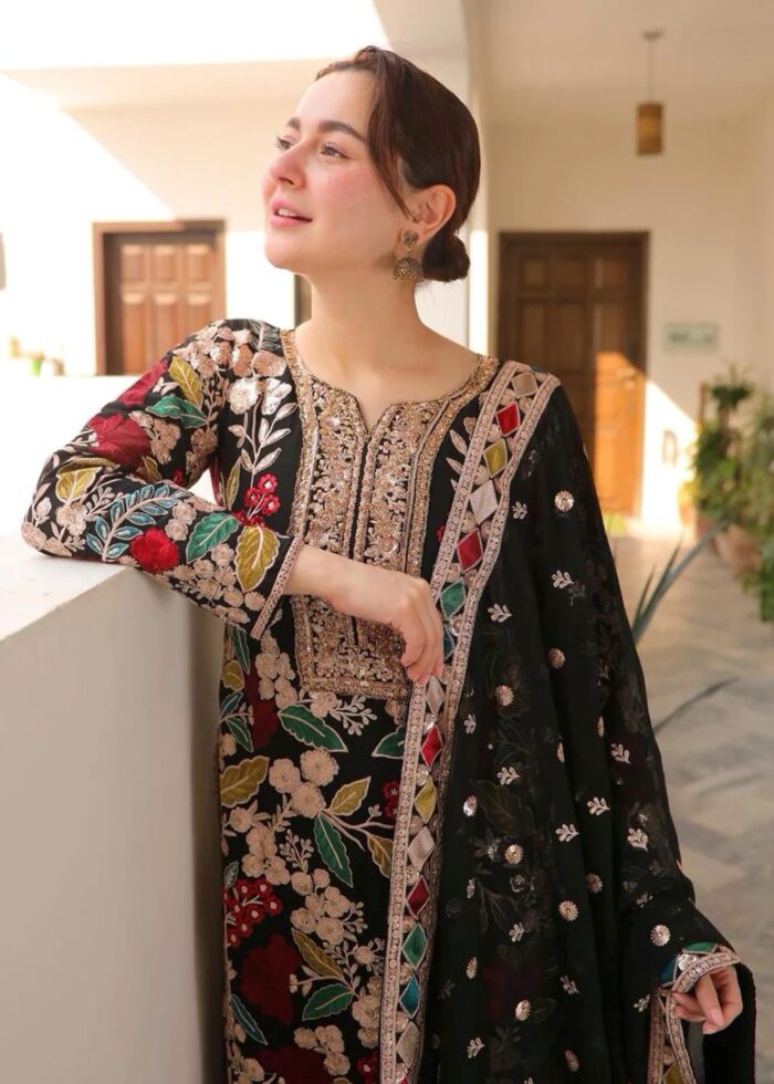 Haseens Official | Mehnaaz 4 Piece Black Chiffon Long Kurta Set with Dupatta & Potli | Ready To Wear - Image 3
