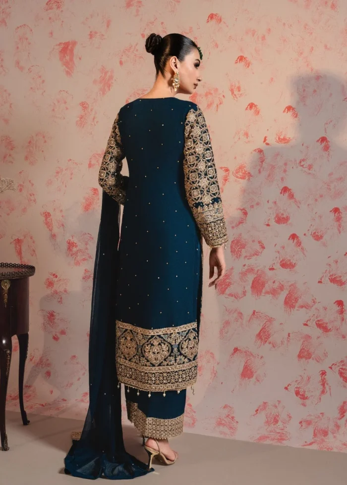 Haseens Official | 3 Piece Teal Embroidered Chiffon Long Kurta Set with Trousers – Zarlashta | Ready To Wear - Image 9