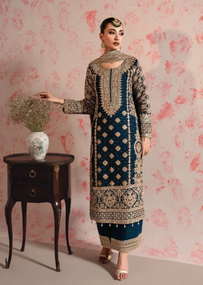Haseens Official | 3 Piece Teal Embroidered Chiffon Long Kurta Set with Trousers – Zarlashta | Ready To Wear - Image 3
