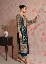 Haseens Official | 3 Piece Teal Embroidered Chiffon Long Kurta Set with Trousers – Zarlashta | Ready To Wear - Image 4