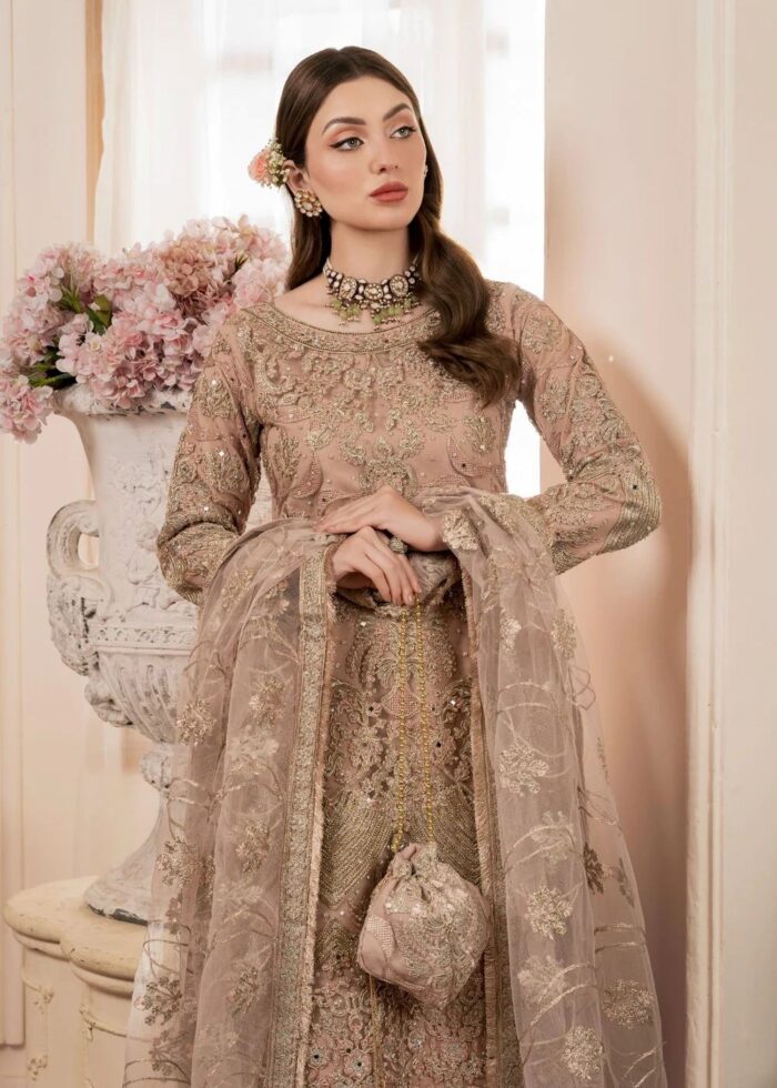 Haseens Official | 4 Piece Beige Embroidered Net Gharara Set with Potli - Arshia | Ready To Wear - Image 3