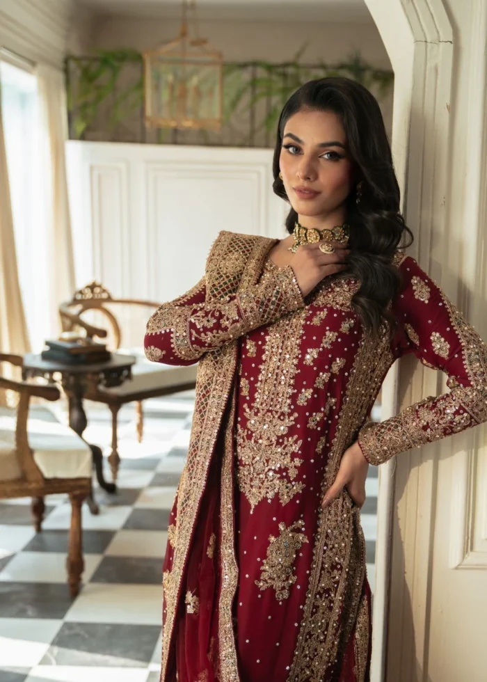 Haseens Official | 4 Piece Maroon Embroidered Chiffon Kurta Set – Anishka | Ready To Wear - Image 5