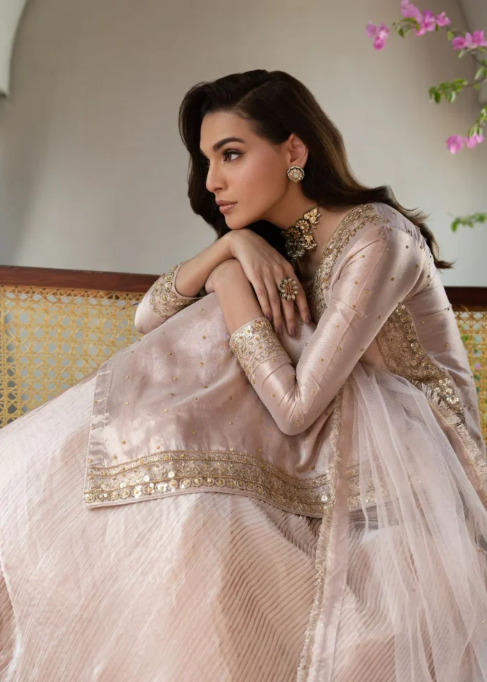 Haseens Official | 3 Piece Pastel Pink Embellished Tissue Suit with Silk Lehenga & Net Dupatta | Ready To Wear - Image 11