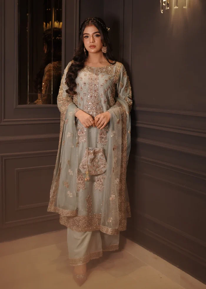 Haseens Official | Anishka – 3 Piece Ice Blue Embroidered Chiffon Suit with Net Dupatta | Ready To Wear - Image 2