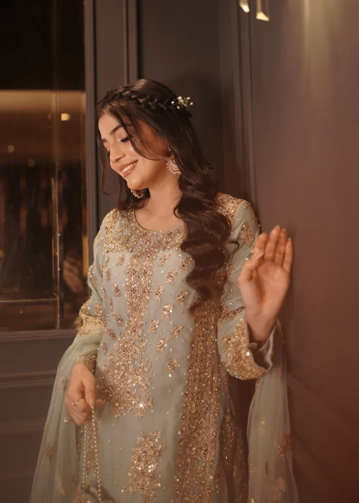Haseens Official | Anishka – 3 Piece Ice Blue Embroidered Chiffon Suit with Net Dupatta | Ready To Wear - Image 3