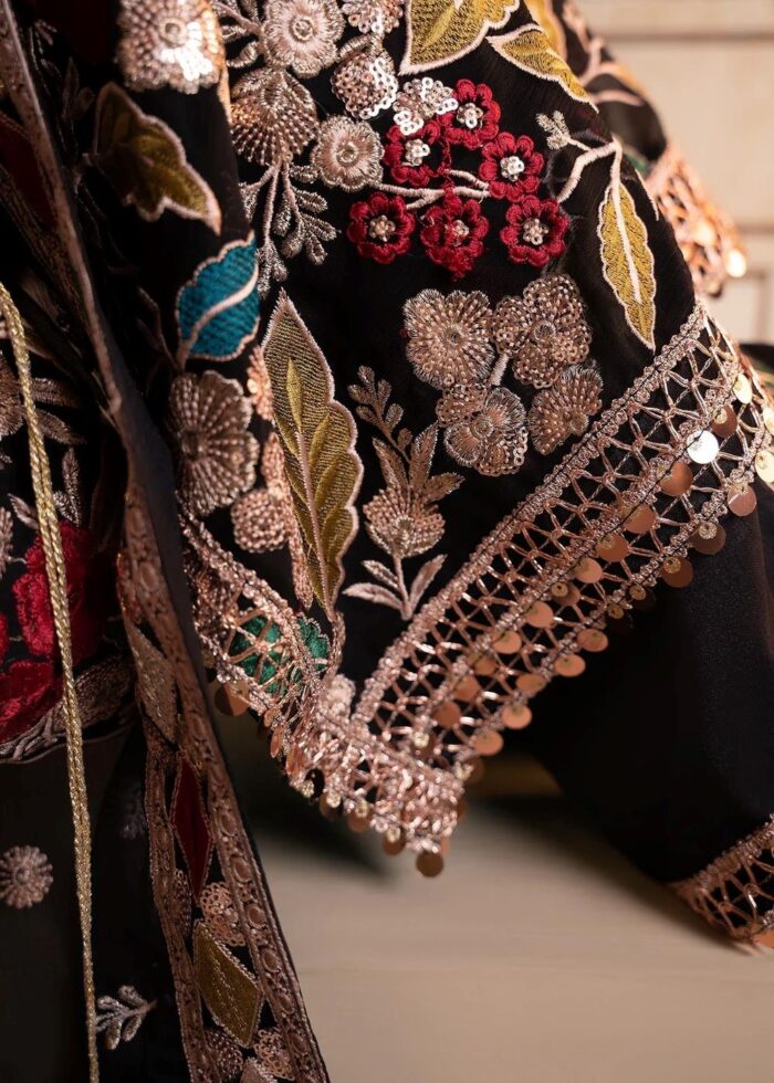 Haseens Official | Mehnaaz 4 Piece Black Chiffon Long Kurta Set with Dupatta & Potli | Ready To Wear - Image 11
