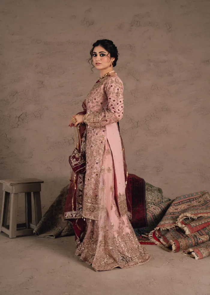 Haseens Official | 3 Piece Pastel Pink Embroidered Chiffon Sharara Set – Shamim | Ready To Wear - Image 6