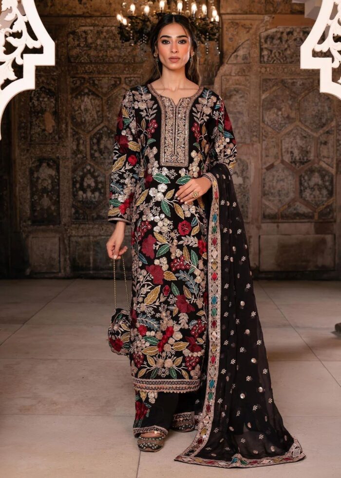Haseens Official | Mehnaaz 4 Piece Black Chiffon Long Kurta Set with Dupatta & Potli | Ready To Wear - Image 13