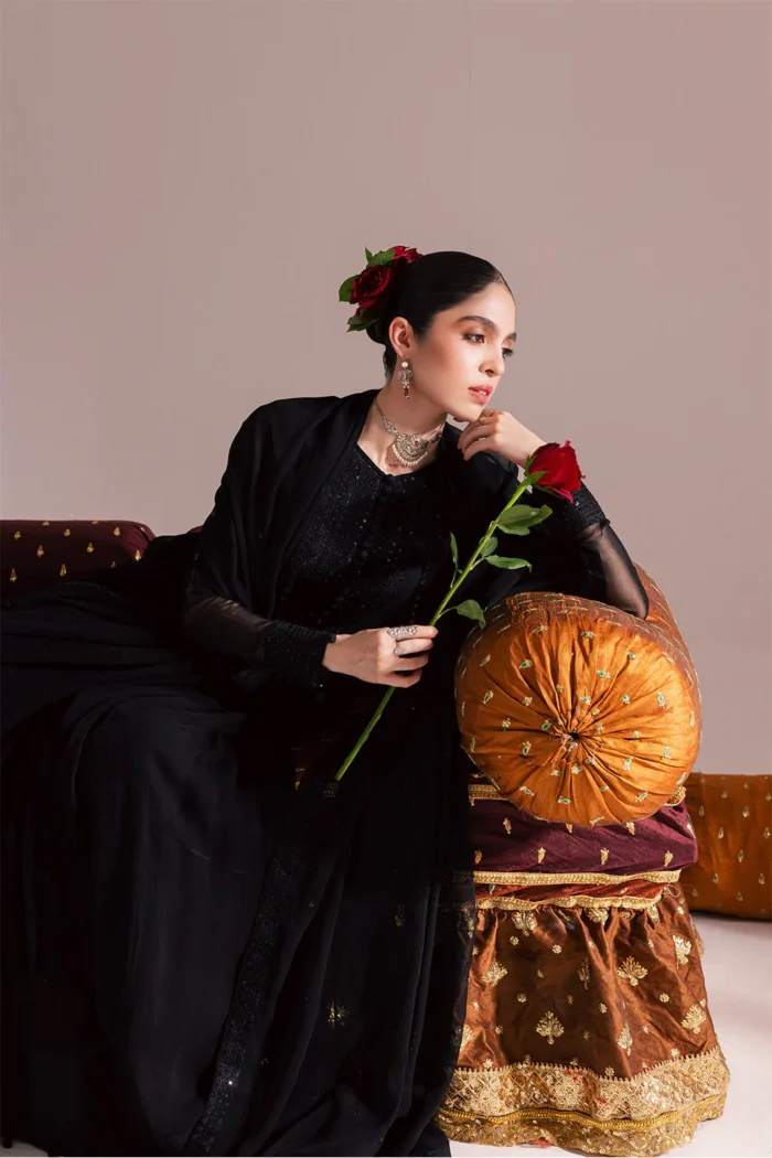 Vanya | 3 Piece Black Embroidered Chiffon Pishwas - KR-01 | Ready To Wear - Image 2