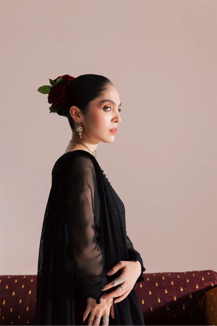Vanya | 3 Piece Black Embroidered Chiffon Pishwas - KR-01 | Ready To Wear - Image 5