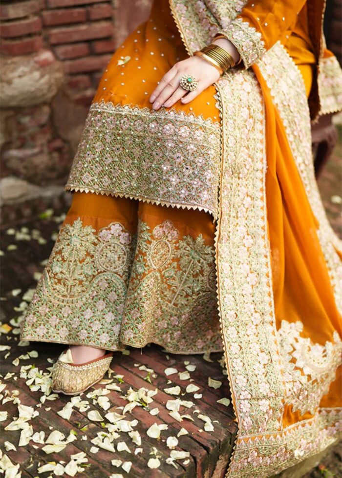 Haseens Official | 3 Piece Orange Embroidered Chiffon Short Kurta Set - Hoorain | Ready To Wear - Image 9