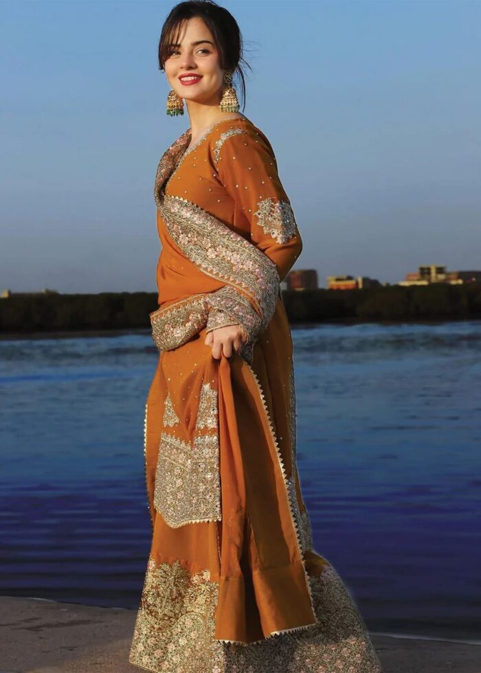 Haseens Official | 3 Piece Orange Embroidered Chiffon Short Kurta Set - Hoorain | Ready To Wear - Image 2