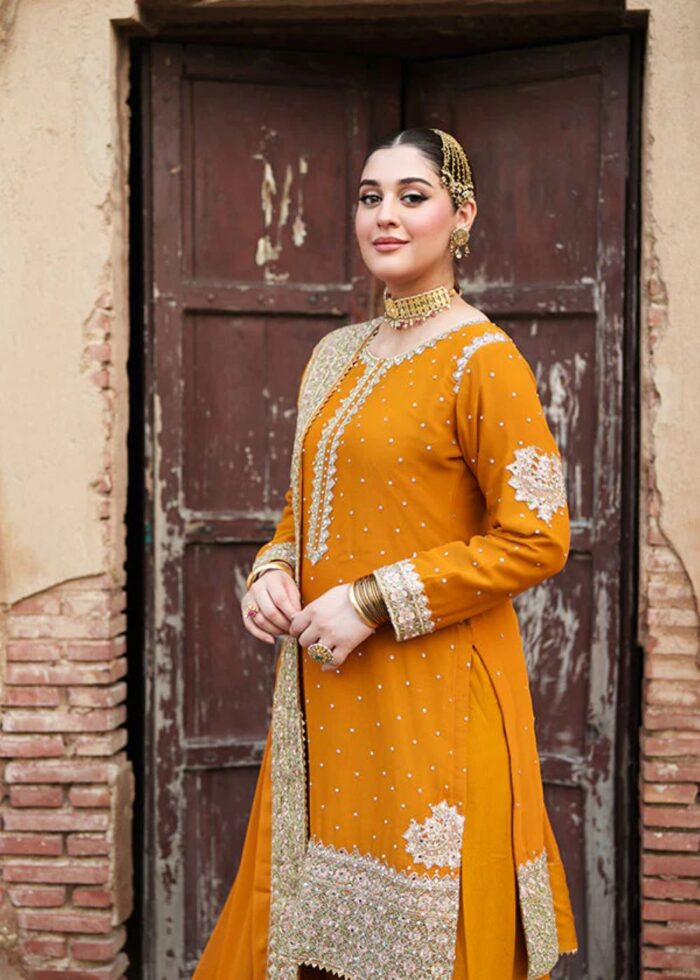Haseens Official | 3 Piece Orange Embroidered Chiffon Short Kurta Set - Hoorain | Ready To Wear - Image 4