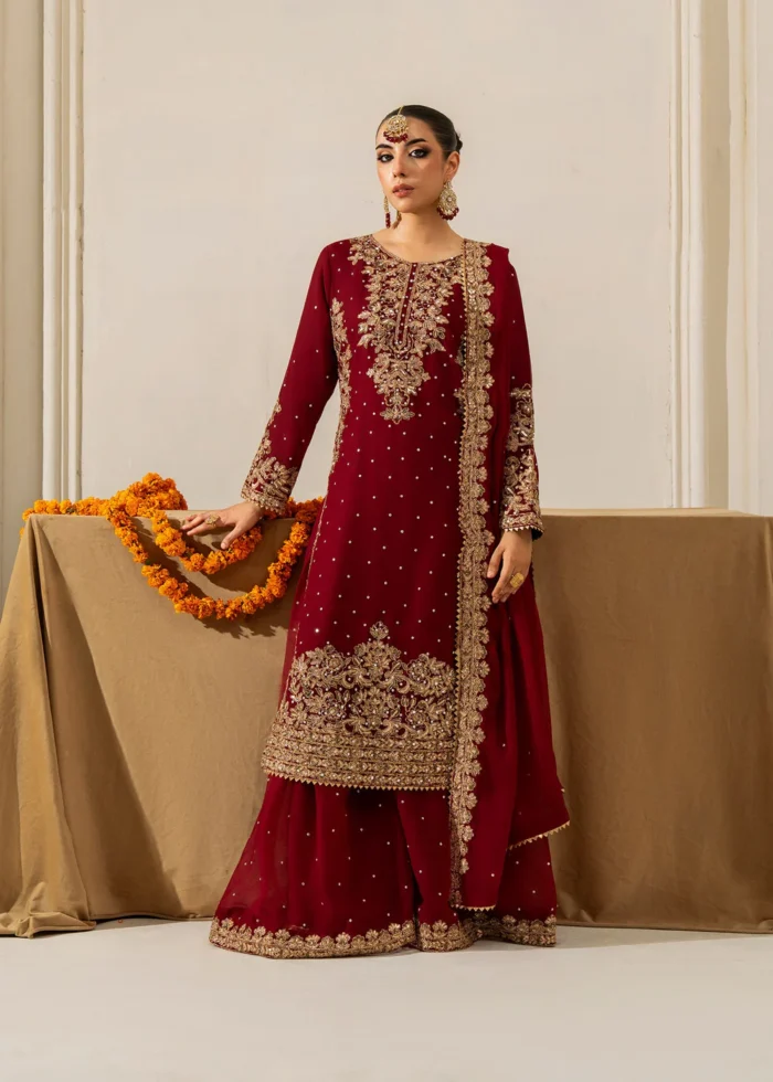 Haseens Official | 4 Piece Maroon Chiffon Straight Kurta with Flared Sharara – Lamyah | Ready To Wear - Image 4