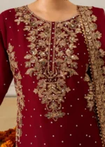 Haseens Official | 4 Piece Maroon Chiffon Straight Kurta with Flared Sharara – Lamyah | Ready To Wear - Image 2